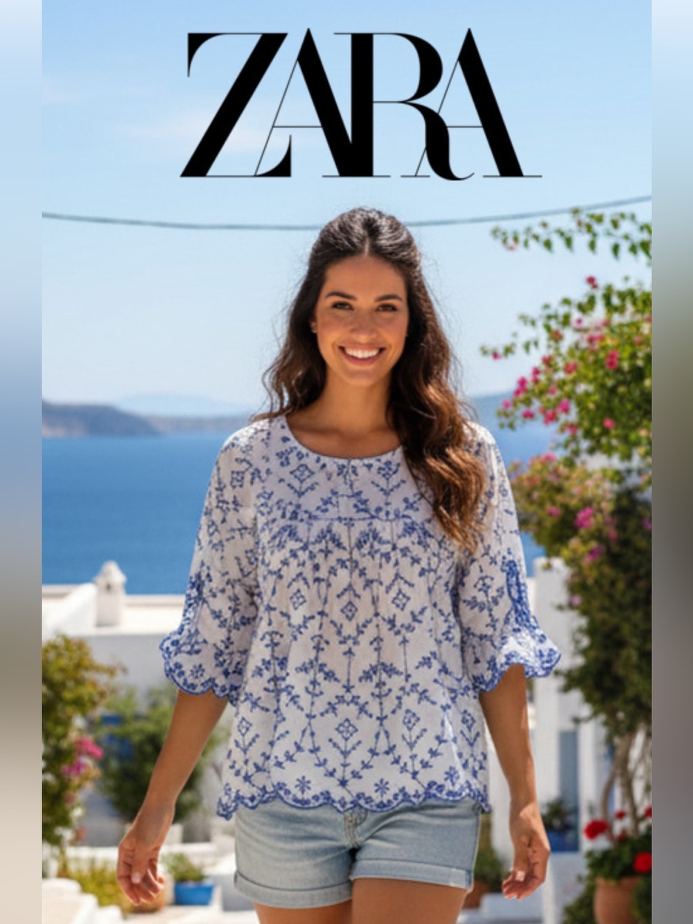 ZARA Trafaluc Collection White Top with Bell Sleeves Blue Embroidered Pattern